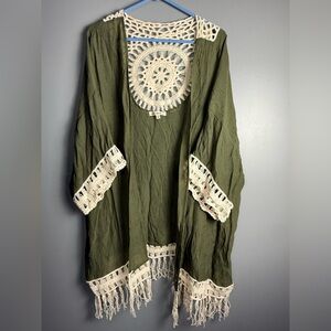 Indigo Thread Co. Open Front Boho Crochet ! Fringe Lightweight Kimono Sz 2X